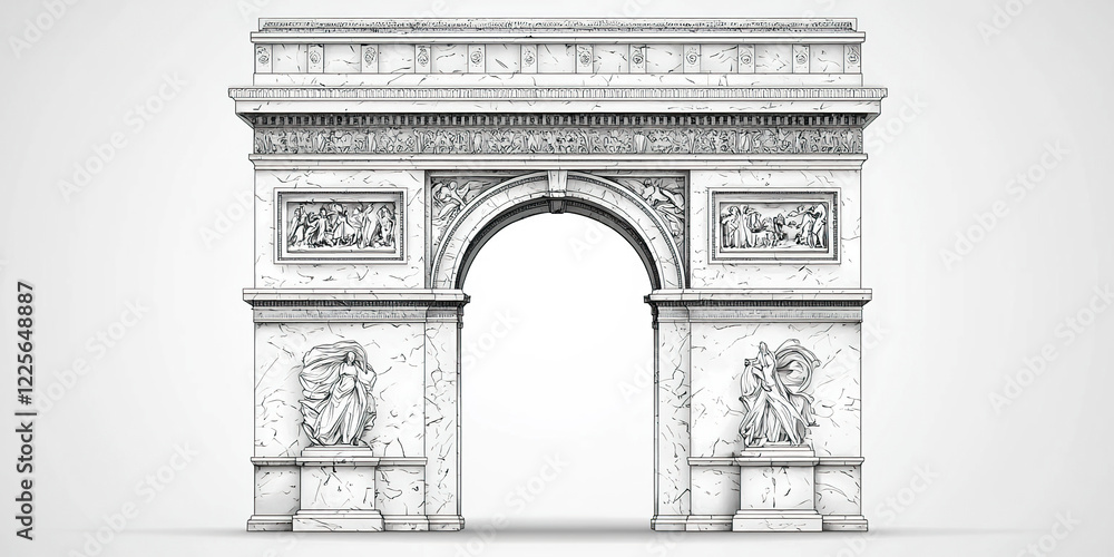 Fototapeta premium Detailed technical drawing of the Arc de Triomphe in Paris in a monochrome style with marble texture. Generated with AI.