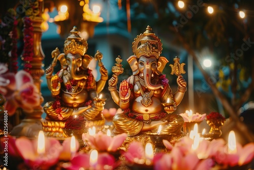 Moving shot of Goddess Laxmi and Ganesh on the festival of lights Diwali/ Deepavali. Pan shot of a decorated temple/ mandir of Lord Ganesha and Goddess Laxmi on Diwali/Deepavali - the festival photo