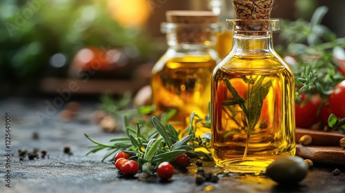 Bottle of olive oil with plant-based anti-aging oils on a wooden surface for skincare and cooking
