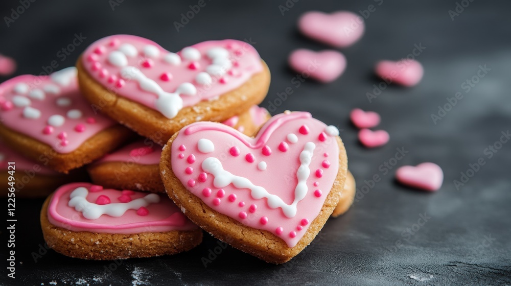 Sweet Heart-Shaped Cookies Decorated with Pink Icing and Sprinkles Sweet Heart-Shaped Cookies Decorated with Pink Icing and Sprinkles