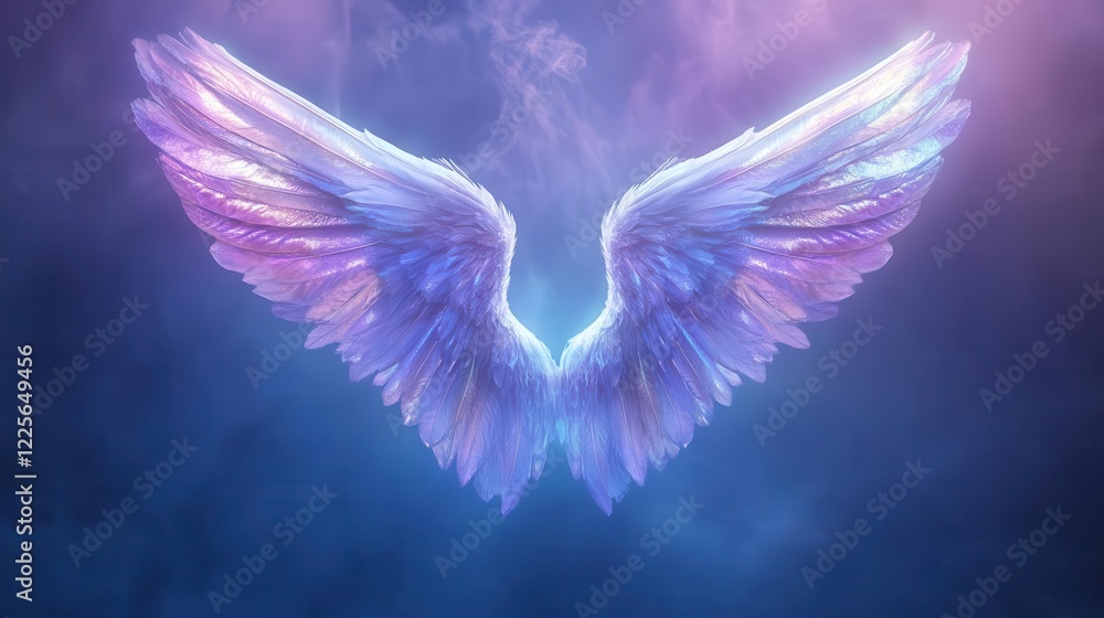 Fototapeta premium ethereal photorealistic angel wings rendered in pearlescent white with subtle rainbow iridescence, floating in mystical atmosphere