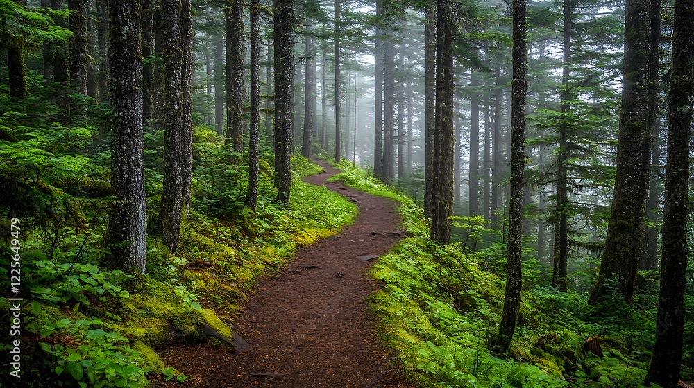 A misty forest with a narrow path winding through tall trees and the distant sound of a stream 