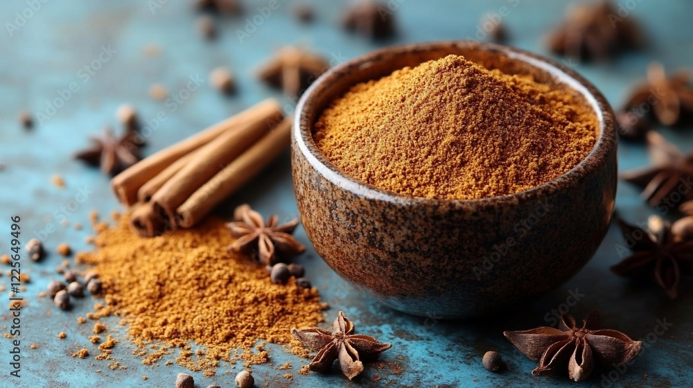 Bowl of ground cinnamon with star anise and cinnamon sticks. Bowl of ground cinnamon with star anise and cinnamon sticks.