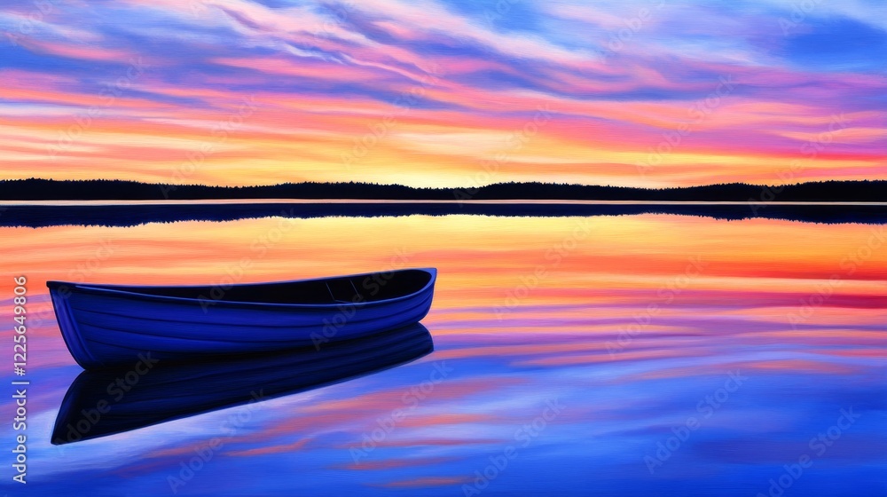 Serene Sunset Lake with Rowboat - A single rowboat rests on a calm lake at sunset, the colorful sky reflected in the still water. Peaceful and tranquil scene. Serene Sunset Lake with Rowboat - A single rowboat rests on a calm lake at sunset, the colorful sky reflected in the still water. Peaceful and tranquil scene.
