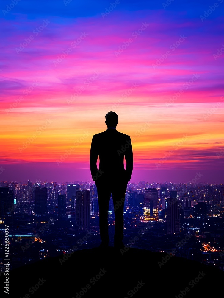 Fototapeta premium Silhouette of a Leader at Sunset Over Cityscape - A silhouette of a businessman stands overlooking a vibrant cityscape at sunset, symbolizing ambition, success, leadership, vision, and future.
