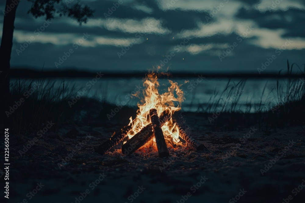 Fototapeta premium Campfire Burning Brightly Near a Dark Lake at Night