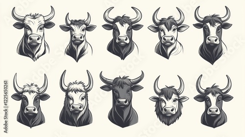  Set of Monochrome Cow Illustrations for Graphic Design Use photo