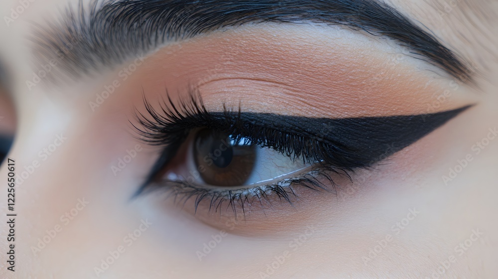 Fototapeta premium Closeup of Woman's Eye with Dramatic Winged Eyeliner and Peachy Eyeshadow Makeup