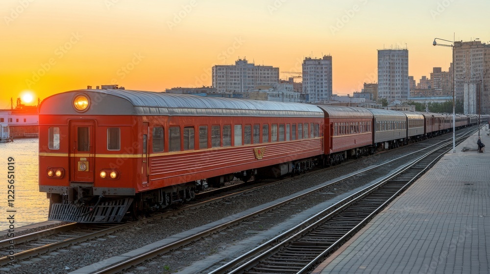 Naklejka premium Vintage Red Train Near Platform at Sunset in Urban Landscape