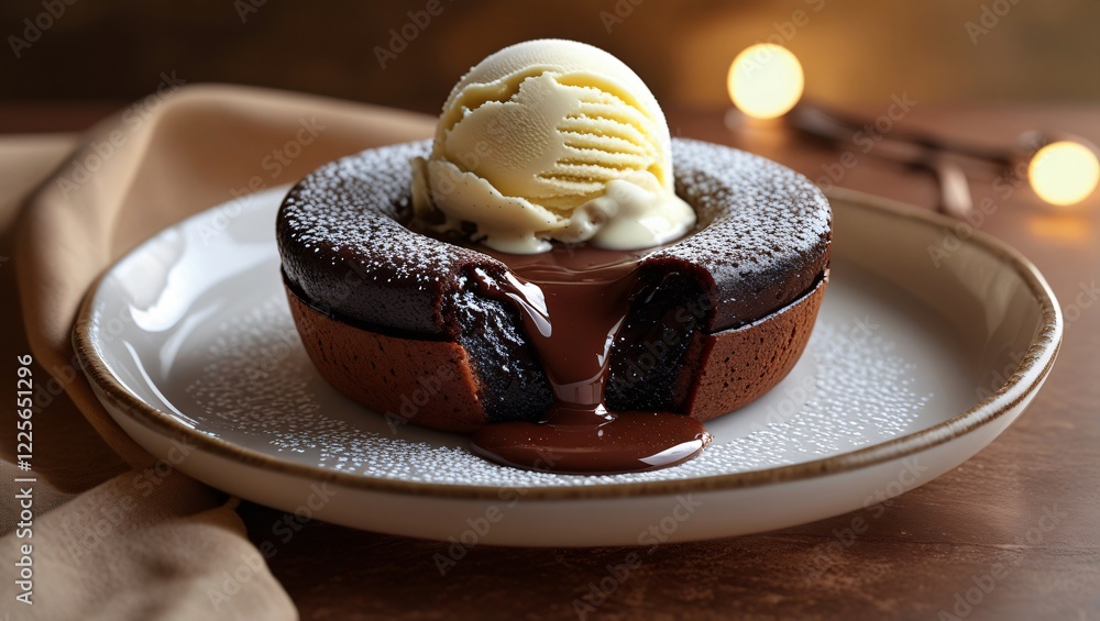 A warm chocolate lava cake with a gooey center, served with vanilla ice cream and a dusting of powdered sugar, set against a cozy, earthy background with golden lighting. A warm chocolate lava cake with a gooey center, served with vanilla ice cream and a dusting of powdered sugar, set against a cozy, earthy background with golden lighting.