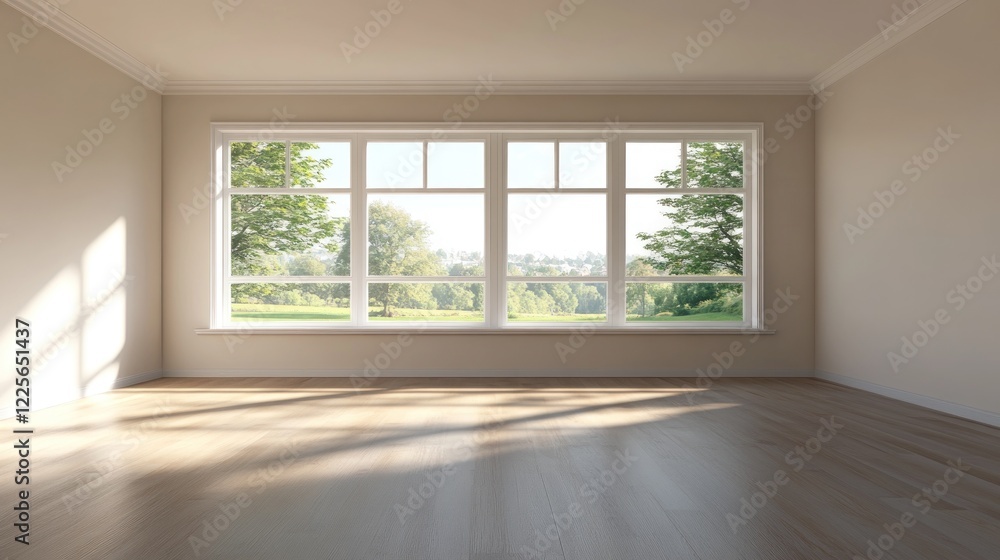 Obraz premium Empty room with large window, scenic view, sunlight