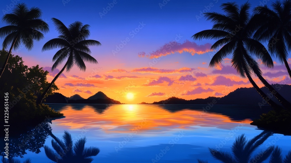 Naklejka premium Tranquil Sunset Paradise - Serene sunset over calm ocean water, silhouetted palm trees on a tropical beach. Perfect for travel, vacation, or relaxation themes.