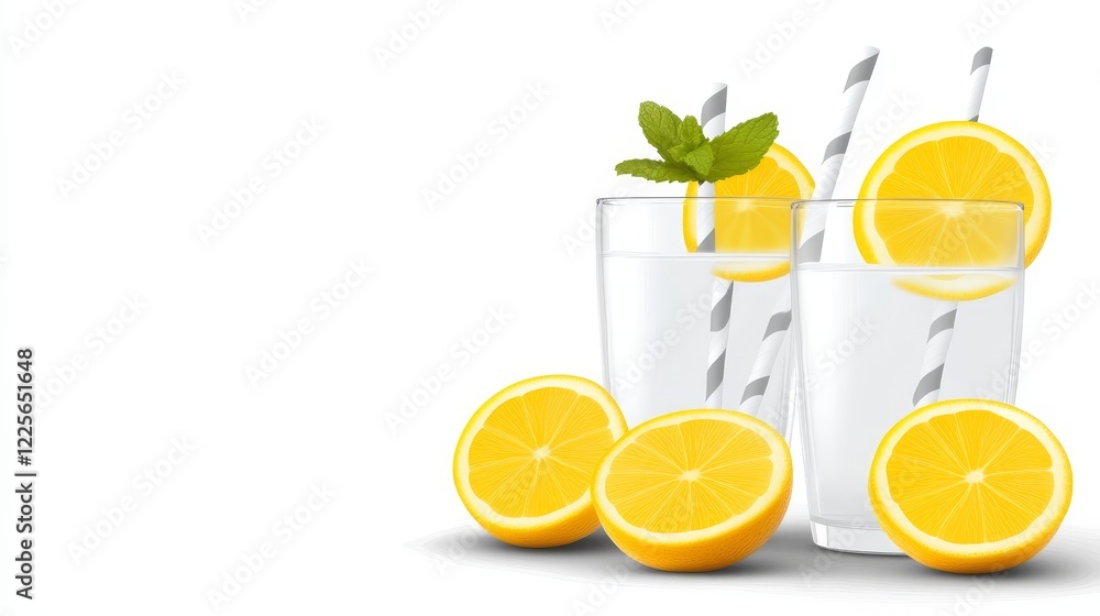 Two Glasses of Refreshing Lemonade - Summer refreshment, citrus zest, icy coolness, thirst quencher, vibrant yellow. Two Glasses of Refreshing Lemonade - Summer refreshment, citrus zest, icy coolness, thirst quencher, vibrant yellow.