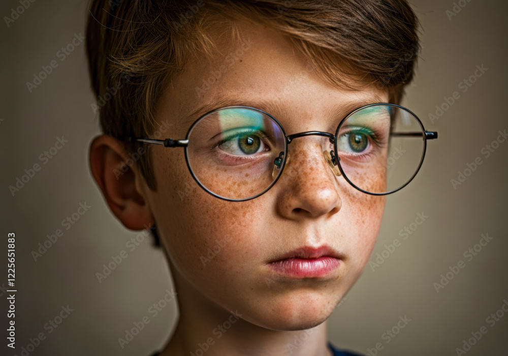 Young boy with freckles and glasses gazes thoughtfully at the camera in a softly lit room Young boy with freckles and glasses gazes thoughtfully at the camera in a softly lit room
