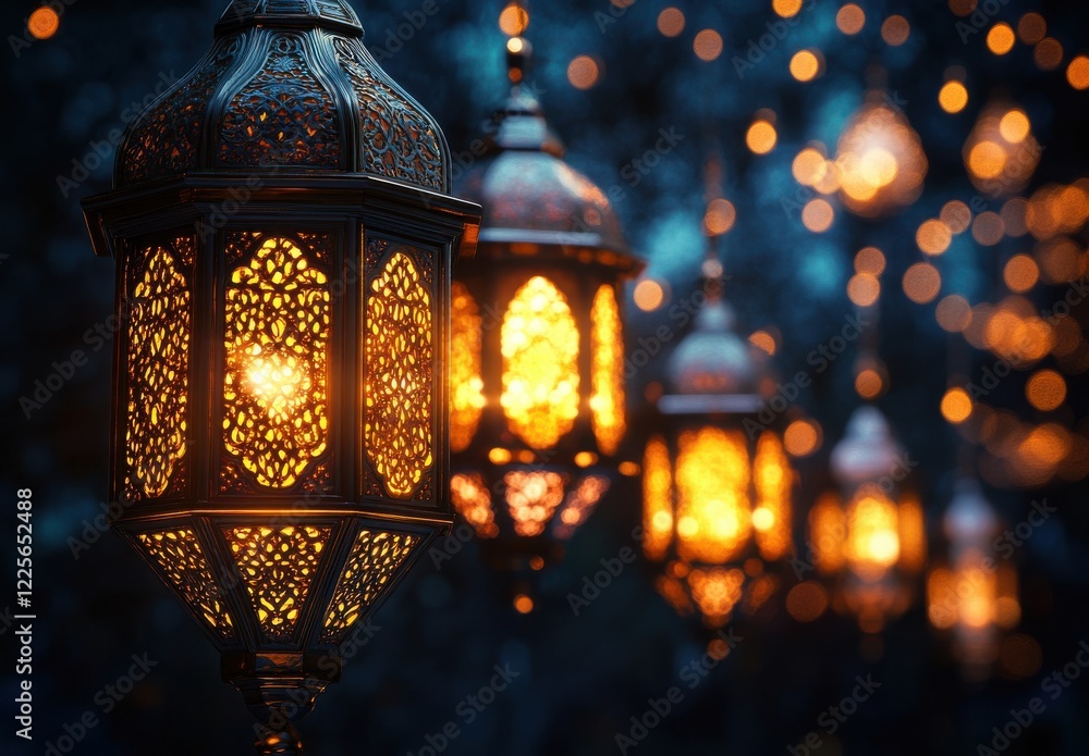 Intricately Designed Lanterns Glowing Softly Against a Dark Background with Bokeh Lights Creating a Magical Atmosphere for Festive Decor Intricately Designed Lanterns Glowing Softly Against a Dark Background with Bokeh Lights Creating a Magical Atmosphere for Festive Decor