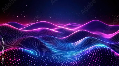 futuristic digital matrix landscape with interconnected nodes, glowing data streams in neon blue and purple, abstract technological patterns floating in dark cyberspace