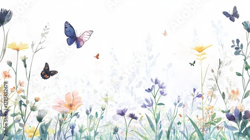 A watercolor-style illustration depicting a vibrant spring scene filled with colorful butterflies, blooming flowers, and soft, dreamy skies, capturing the essence of nature’s renewal.