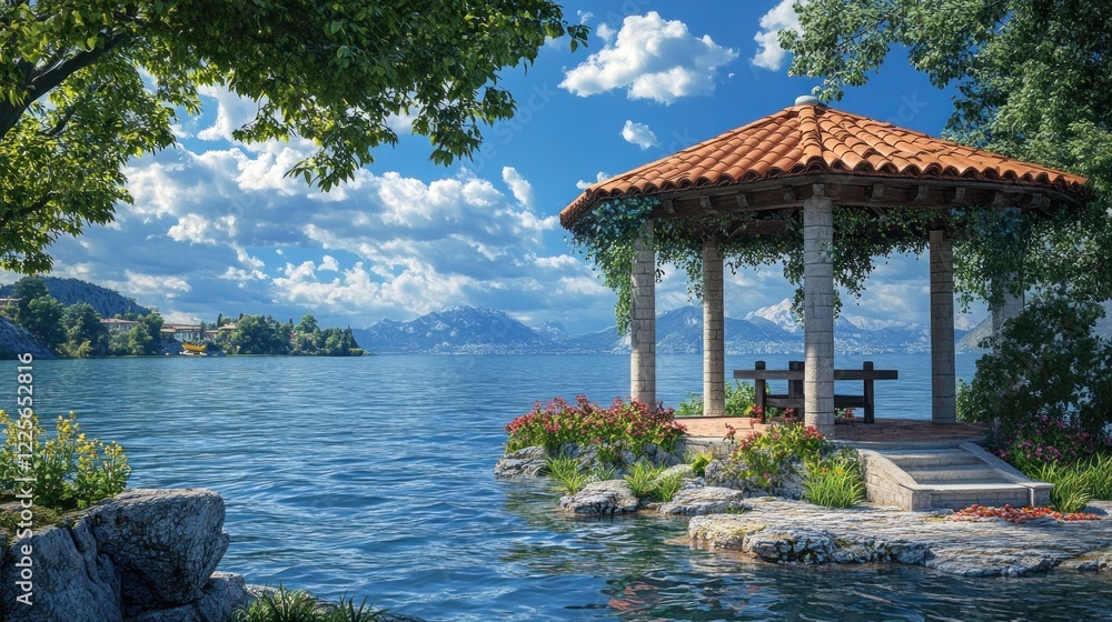 Fototapeta premium Lakeside gazebo tranquility; scenic view, calm water, peaceful getaway
