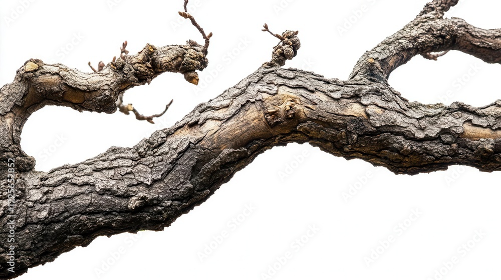 gnarled ancient oak branch with intricate bark patterns and delicate twigs against pure white, high contrast macro photography gnarled ancient oak branch with intricate bark patterns and delicate twigs against pure white, high contrast macro photography