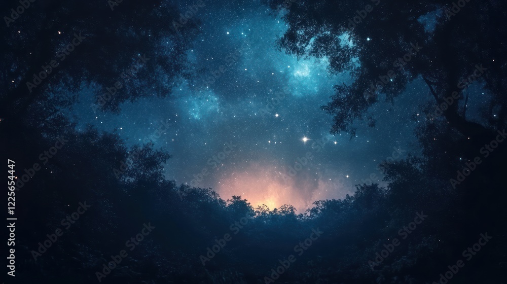 Fototapeta premium Night Sky Above Silhouetted Forest Trees