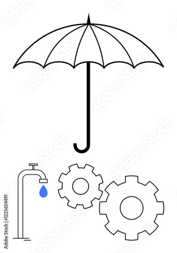 Umbrella above faucet with a water drop and two gears. Ideal for business protection, insurance, water management, mechanical processes, reliability, engineering, sustainability. Line metaphor