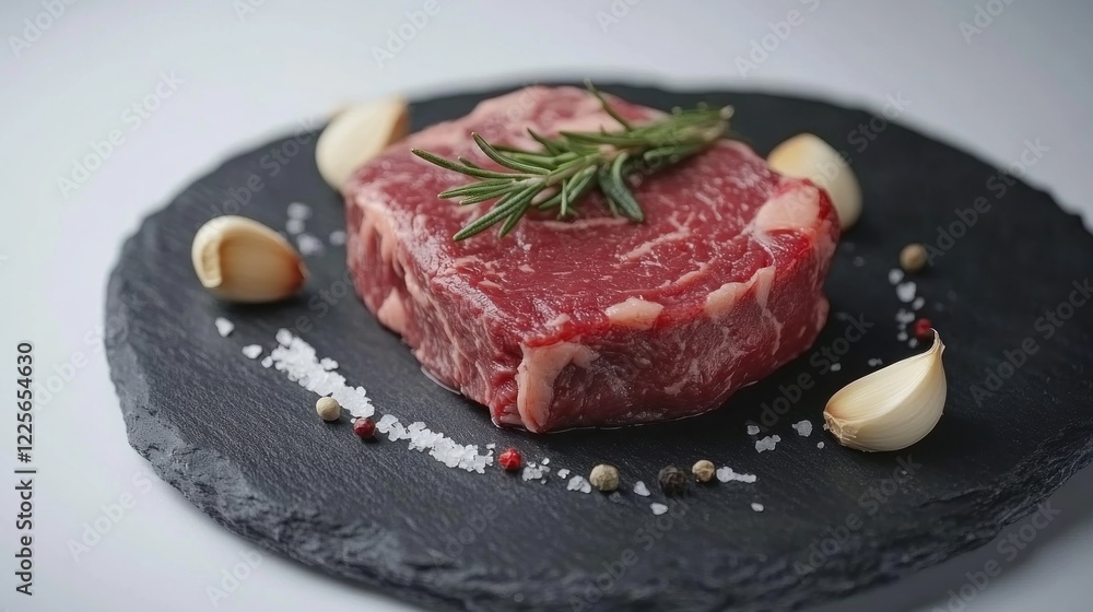 Raw ribeye steak with garlic, rosemary, salt, and pepper. Food photography for restaurant menu Raw ribeye steak with garlic, rosemary, salt, and pepper. Food photography for restaurant menu
