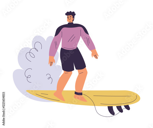 Man Surfer Character with Surfboard Ride Ocean Wave Vector Illustration