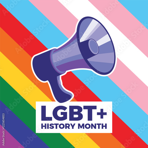 LGBT+ History Month poster vector illustration. Purple loud speaker and LGBT and transgender flag vector. LGBTQIA megaphone graphic design element. Template for background, banner, card. Important day