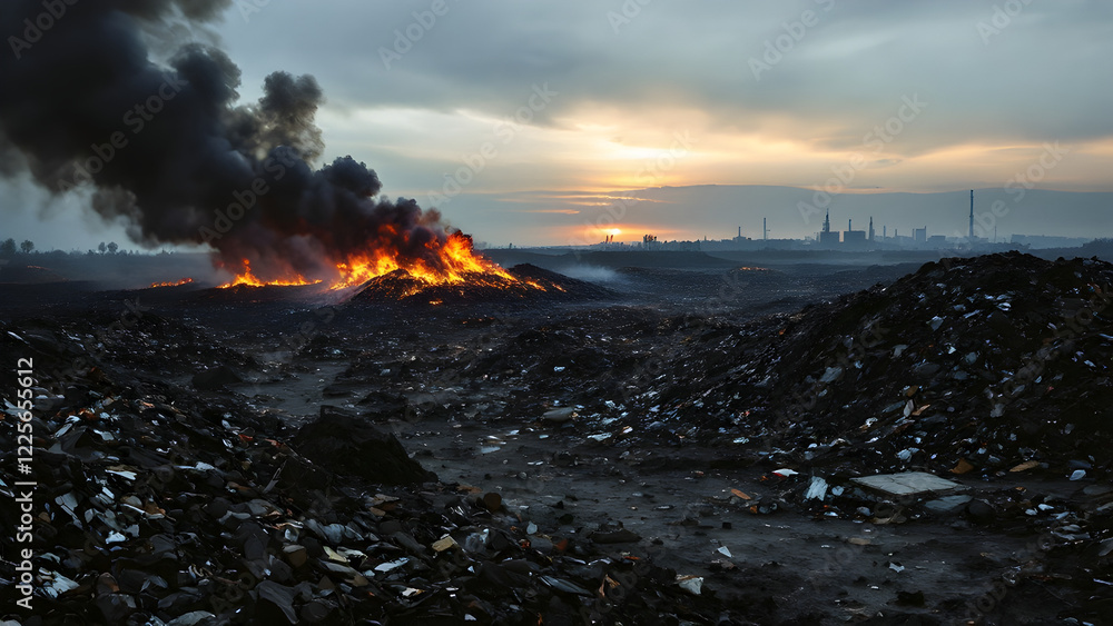 Fototapeta premium Garbage and fire burn in landfill. Also call trash, waste, rubbish. Destruction with combustion, heat, flame. Occurs smoke, toxic cause of air pollution, environmental damage and global warming.