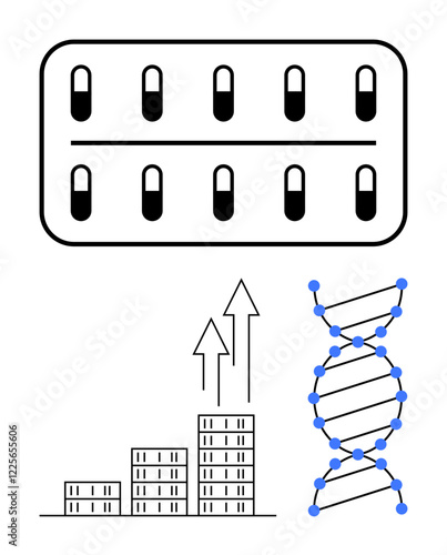 Medication blister pack, DNA helix, and increasing bar chart with arrows. Ideal for health research, medicine, genetics, business success, biotech innovation and education themes. Abstract line