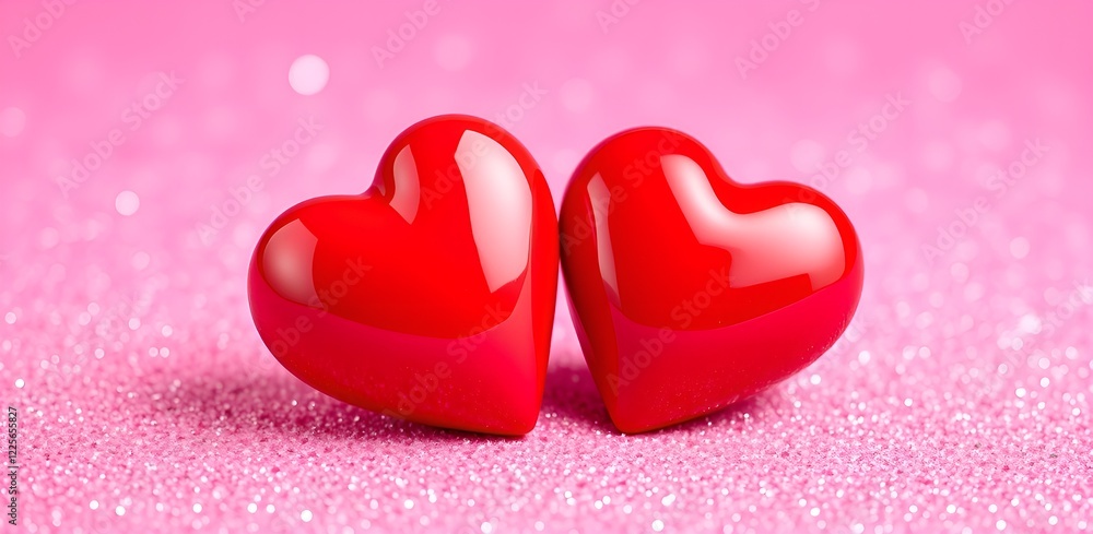 Valentine's Day Concept: Two Hearts on Pink Glitter with a Shiny Background Valentine's Day Concept: Two Hearts on Pink Glitter with a Shiny Background