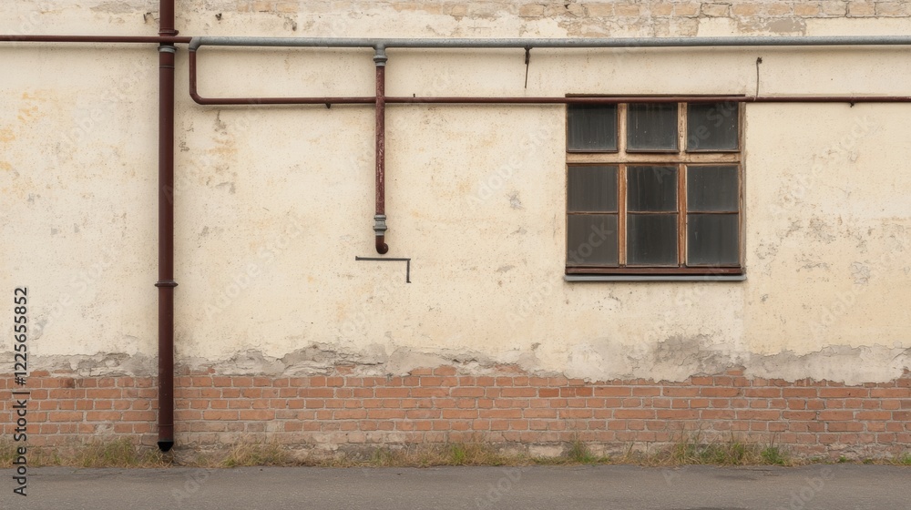 Weathered brick wall with pipes and window. Weathered brick wall with pipes and window.