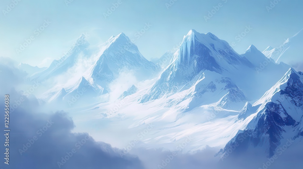 majestic snow-capped mountain range with crystalline ice formations mysteriously floating in crisp arctic air, ethereal atmosphere with subtle fog majestic snow-capped mountain range with crystalline ice formations mysteriously floating in crisp arctic air, ethereal atmosphere with subtle fog