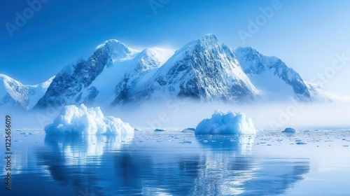 Wallpaper Mural majestic snow-capped mountain range with crystalline ice formations mysteriously floating in crisp arctic air, ethereal atmosphere with subtle fog Torontodigital.ca