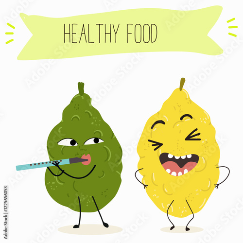 Citron fruit, funny fruit cute cheerful characters. Vector hand drawn illistration.