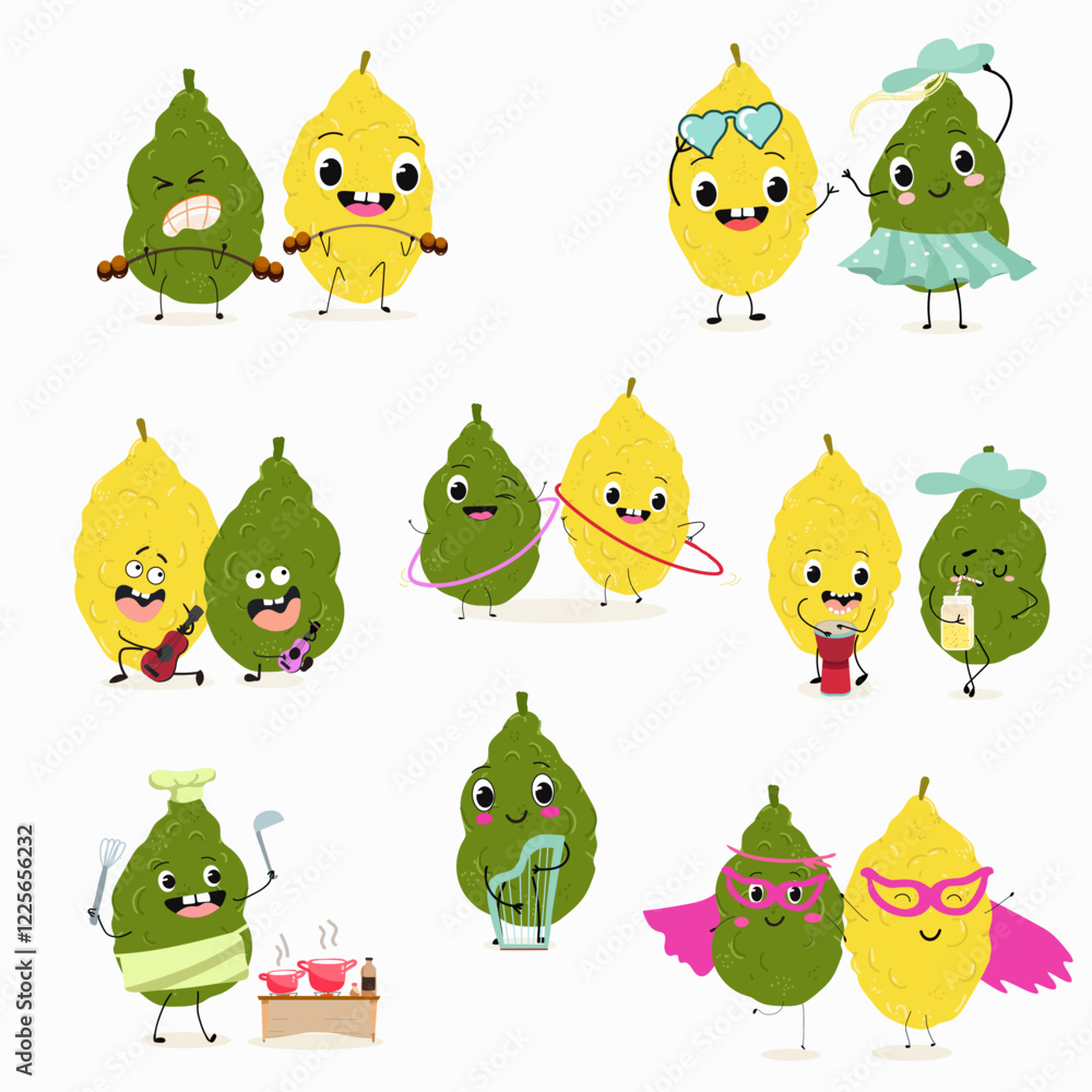 Obraz premium Citron fruit, funny fruit cute cheerful characters. Vector hand drawn illistration.