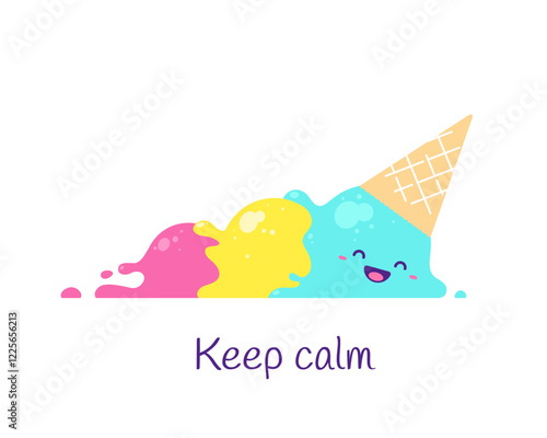 Funny optimistic cartoon character ice cream fall to the ground and keep smiling. Vector lettering illustration.