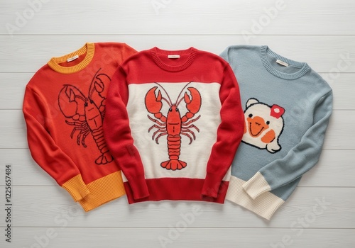 Colorful lobster and chick sweaters on light wood background photo