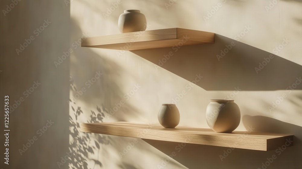 minimalist interior with floating wooden shelves displaying artisanal ceramic vases, soft natural light casting gentle shadows minimalist interior with floating wooden shelves displaying artisanal ceramic vases, soft natural light casting gentle shadows