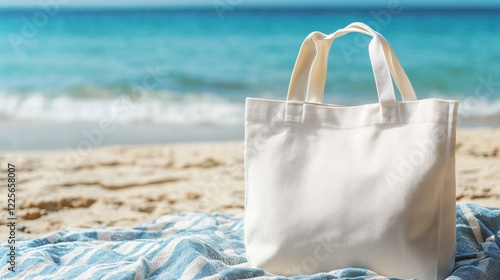 Fototapeta Naklejka Na Ścianę i Meble -  White tote bag standing on a beach towel on the sand with the sea in the background