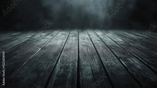 minimalist wooden floorboards stretching to infinity with ethereal bokeh lights creating dreamy atmosphere in dark background