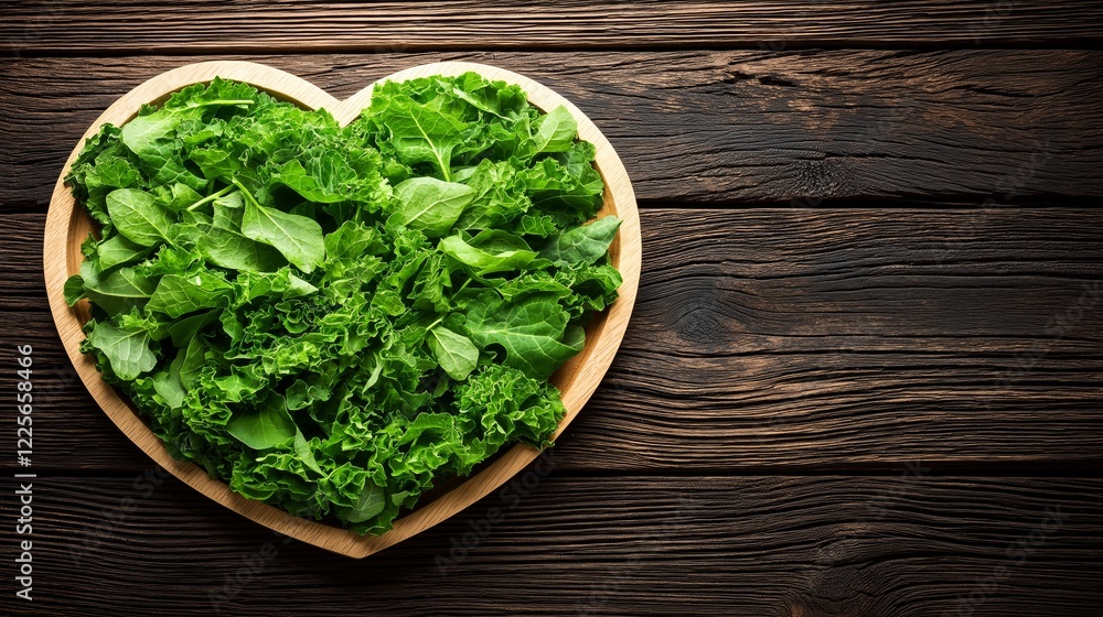 Fresh greens arranged in a heart-shaped wooden bowl on a rustic table Fresh greens arranged in a heart-shaped wooden bowl on a rustic table