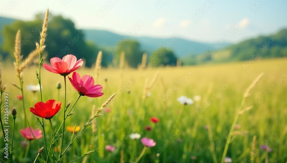 Wildflowers sway gently in the breeze amidst tall grasses, scenery, landscape Wildflowers sway gently in the breeze amidst tall grasses, scenery, landscape