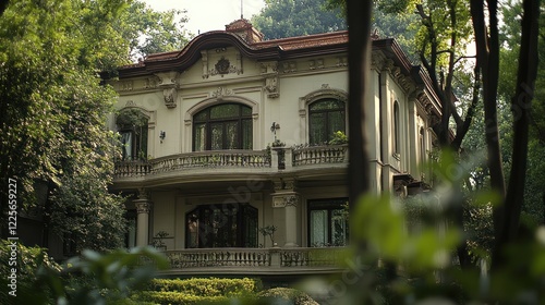 Shanghai mansion, leafy street, summer day, real estate photo