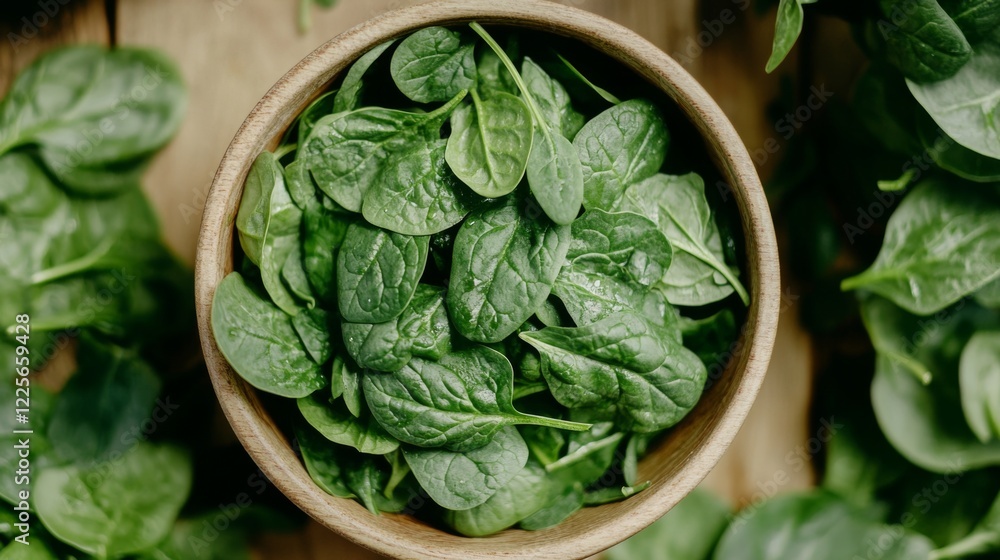 Fresh Spinach in Wooden Bowl - A Healthy and Delicious Food Fresh Spinach in Wooden Bowl - A Healthy and Delicious Food