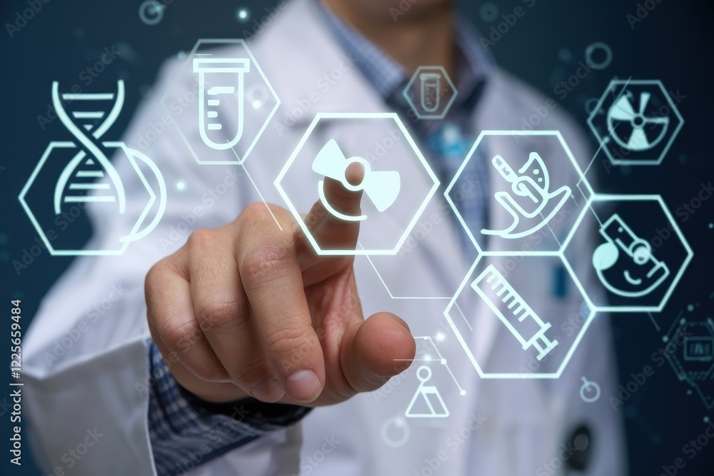 Medical Technology Advancement: A Doctor Interacts with a Futuristic Interface Displaying Biotechnology, Diagnostics, and Treatment Symbols Medical Technology Advancement: A Doctor Interacts with a Futuristic Interface Displaying Biotechnology, Diagnostics, and Treatment Symbols