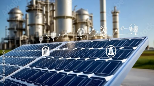 Solar panels absorb sunlight to produce renewable energy near an industrial plant on a bright and clear afternoon