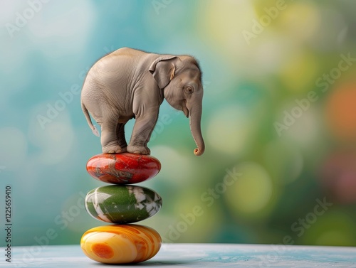 A charming baby elephant balancing on colorful stones, showcasing whimsy and skillfulness in a vibrant, dreamy setting. stability due to strength and power photo