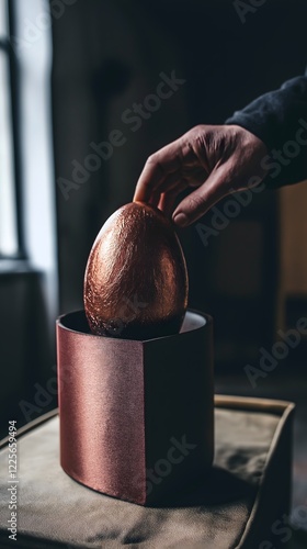 Golden Egg in Box: A hand gently places a large, metallic golden egg into a luxurious, copper-colored box, creating a moment of anticipation and mystery. The image is moody and rich in texture. photo