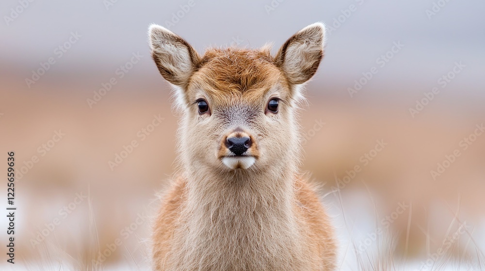 Young deer portrait, winter field background, wildlife photography, nature scene Young deer portrait, winter field background, wildlife photography, nature scene